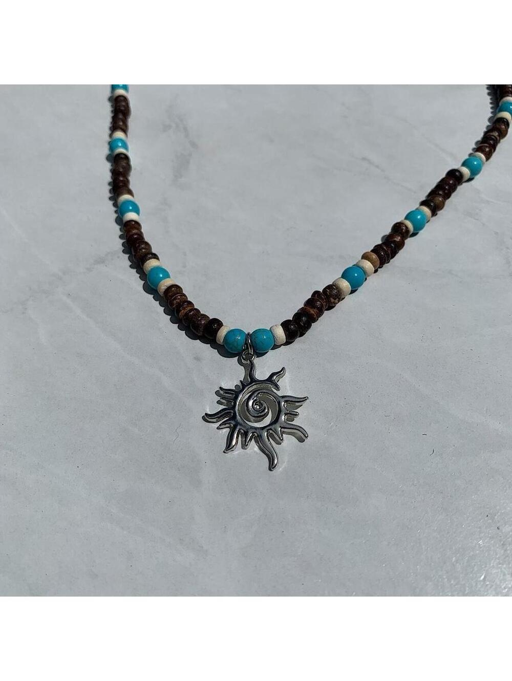 Y2k 2000s style Wood Beaded dark brown and blue mixed wood Necklace with Cyber - Picture 7 of 8